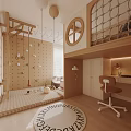 Kids Room Interior With Climbing Wall Swing Bunk Bed Desk And Round Window