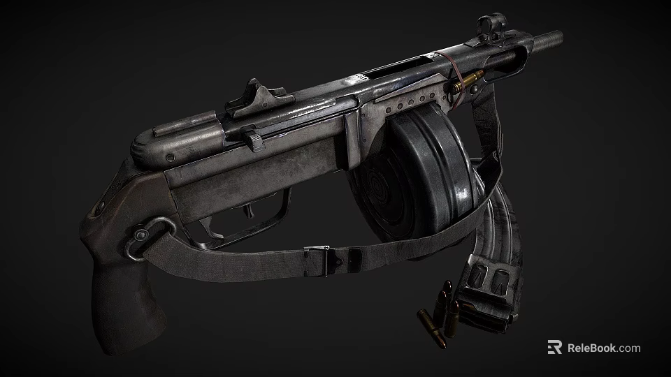 Vintage Submachine Gun With Drum Magazine Leather Strap And Metal Bullets 3d model 