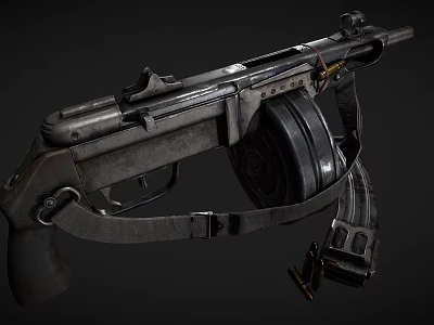 Vintage Submachine Gun With Drum Magazine Leather Strap And Metal Bullets 3d model