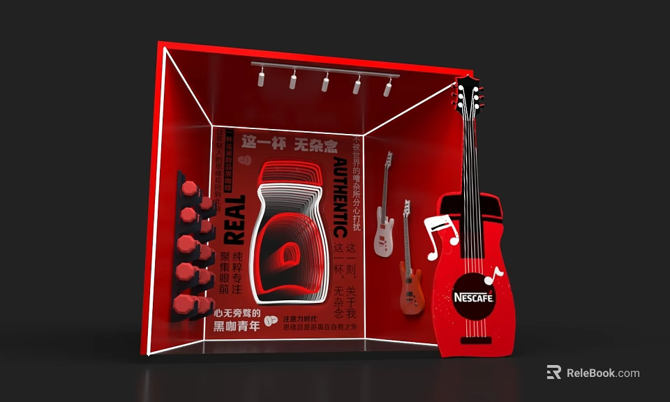 Red Display Stand Featuring Wine Bottle Guitar And NEXEN Brand Authentic Label Free Design 3d model 