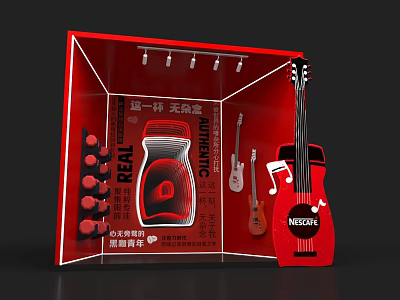 Red Display Stand Featuring Wine Bottle Guitar And NEXEN Brand Authentic Label Free Design 3d model
