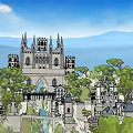 Hand Drawn Medieval Castle Town Landscape With Towers Walls And Trees