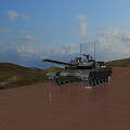 Modern Camouflage Tank With Long Barrel On Brown Ground Under Blue Sky And Hills