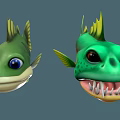 Two Green Cartoon Fish With Big Eyes Yellow Fins And Sharp Teeth