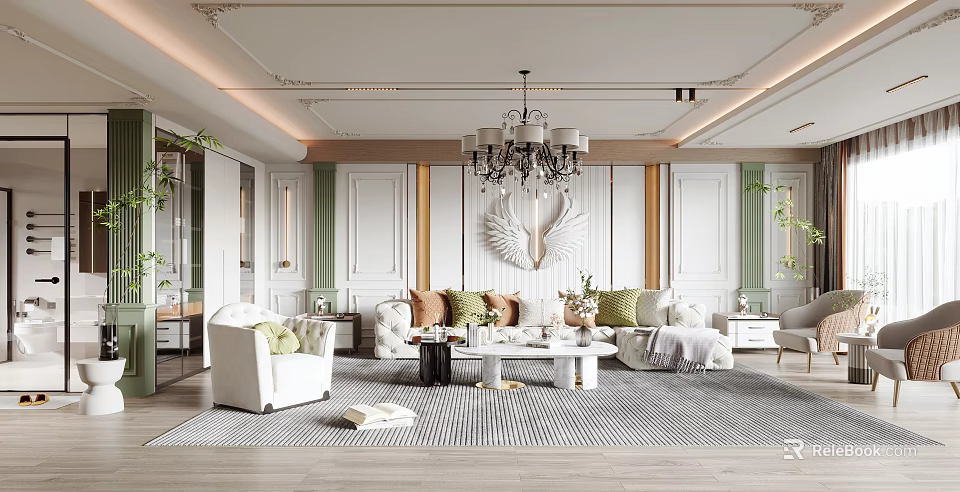 Modern Living Room Interior With Chandelier Sofa Coffee Table Wall Art And Green Plants 3d model 