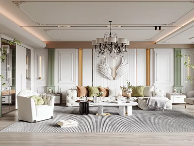 Modern Living Room Interior With Chandelier Sofa Coffee Table Wall Art And Green Plants 3d model