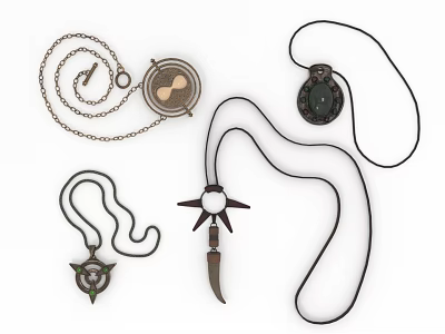 Unique Jewelry Collection Featuring Various Pendant Necklaces With Metal Chains And Black Cords 3d model