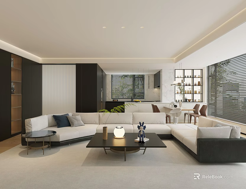 Modern Living Dining Room Interior With Open Layout Large Sofa Coffee Table Natural Light Decor 3d model