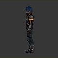 Futuristic Character With Blue Hair In Black And Orange Armored Suit Standing Pose