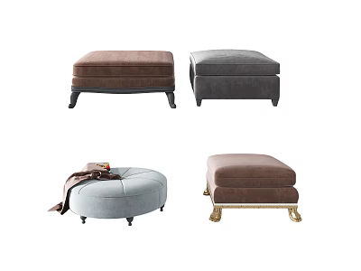 Various Upholstered Ottoman in Brown Gray Light Blue With Metal Legs And Soft Cushions 3d model