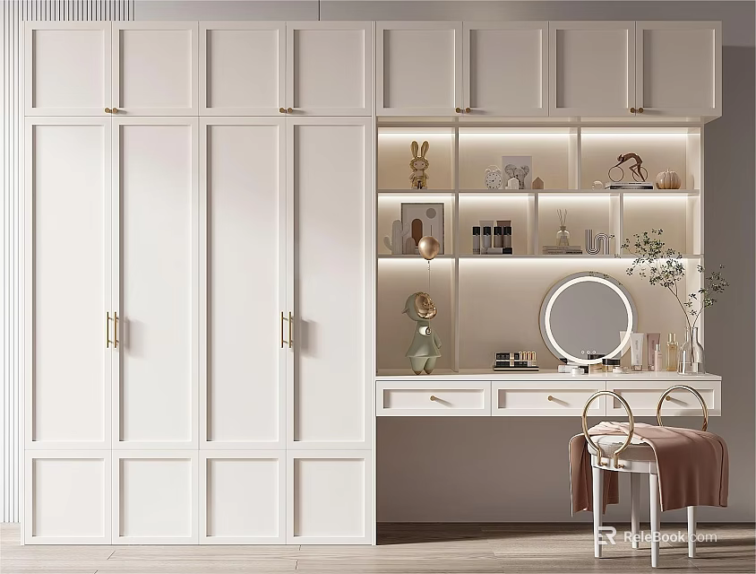 Modern White Wardrobe Interior With Open Shelves Dressing Table And Mirror Decorations 3d model