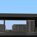 Modern School Building With Golden Facade Glass Elements Steps Greenery And People Around