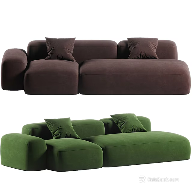 Brown And Green Modular Sectional Sofa With Velvet Fabric And Decorative Pillows 3d model 