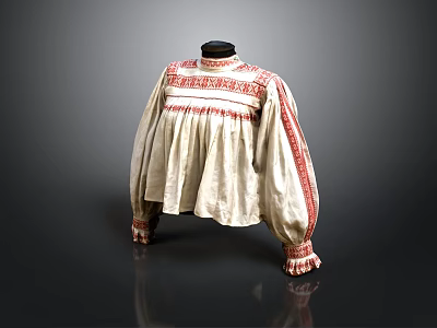 Traditional White Blouse With Red Embroidery And Ruffled Cuffs In Ethnic Style 3d model
