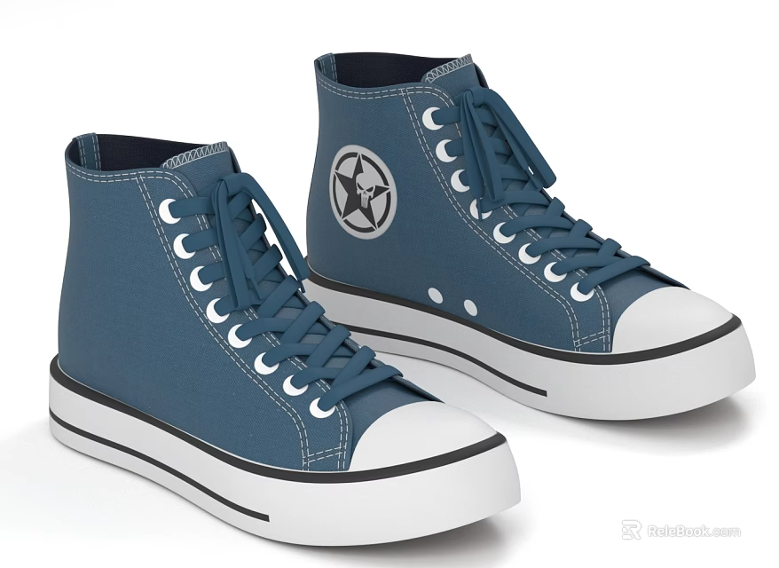 High Top Blue Canvas Shoes With Star Logo On Side White Sole 3d model 