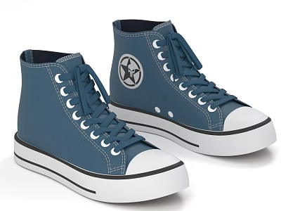 High Top Blue Canvas Shoes With Star Logo On Side White Sole 3d model