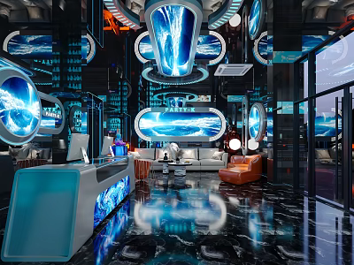 Modern Tech Style KTV Lobby With Blue Lighting Circular Screens Marble Floor Sofa Bar Counter 3d model