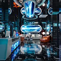 Modern Tech Style KTV Lobby With Blue Lighting Circular Screens Marble Floor Sofa Bar Counter