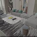 Gray Sofa and White Marble Coffee Table Set with Accent Pillows and Area Rug 3d model