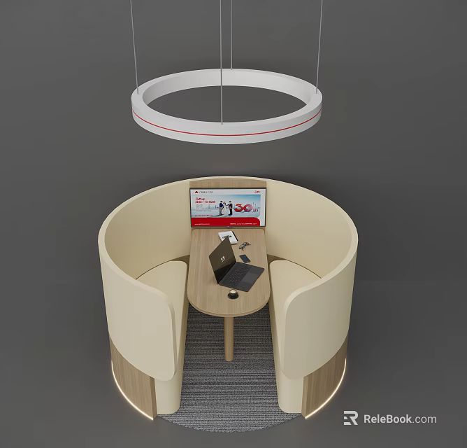 Unique shaped Beige Circular Sofa With Small Table Laptop And Hanging Lamp 3d model