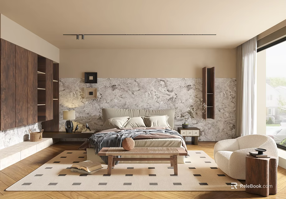 Modern Bedroom Interior With Marble Accent Wall Wooden Bookshelves Large Bed And Natural Light 3d model 