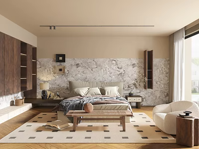 Modern Bedroom Interior With Marble Accent Wall Wooden Bookshelves Large Bed And Natural Light 3d model
