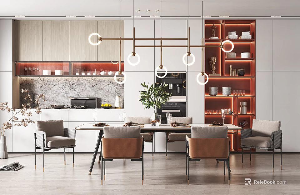 Modern Restaurant Interior Design With Circular Pendant Lights Dining Table Chairs And Cabinets 3d model