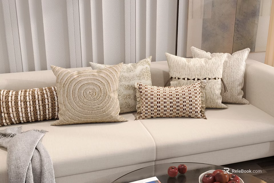 Neutral Toned Decorative Throw Pillows With Various Textures On Beige Sofa Living Room 3d model 