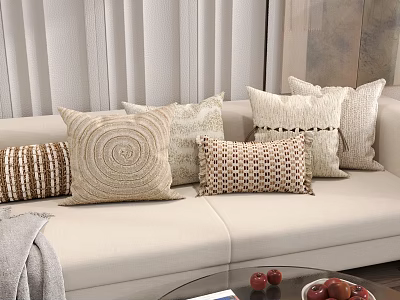 Neutral Toned Decorative Throw Pillows With Various Textures On Beige Sofa Living Room 3d model
