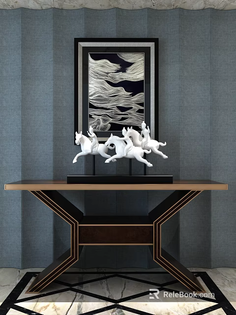 Elegant Wooden Console Table With White Galloping Horse Sculptures Gray Wall And Wave Pattern Painting 3d model 