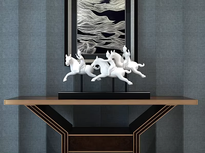 Elegant Wooden Console Table With White Galloping Horse Sculptures Gray Wall And Wave Pattern Painting 3d model
