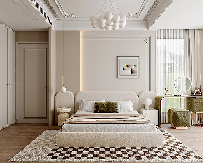 Modern Bedroom Interior With Upholstered Headboard White Chandeliers Checkerboard Rug And Framed Wall Art 3d model 