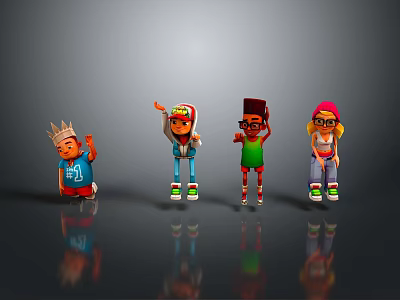 Cartoon Characters In Colorful Outfits Hats And Various Poses Like Waving Raising Hands 3d model