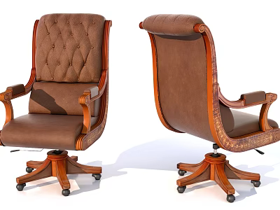 Classic Brown Leather Armchair with Tufted Back Carved Wooden Frame and Caster Base 3d model