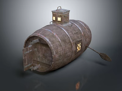 Wooden Barrel Shaped Water Vehicle With Small Windows Tower Like Structure And Paddle 3d model