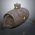 Wooden Barrel Shaped Water Vehicle With Small Windows Tower Like Structure And Paddle