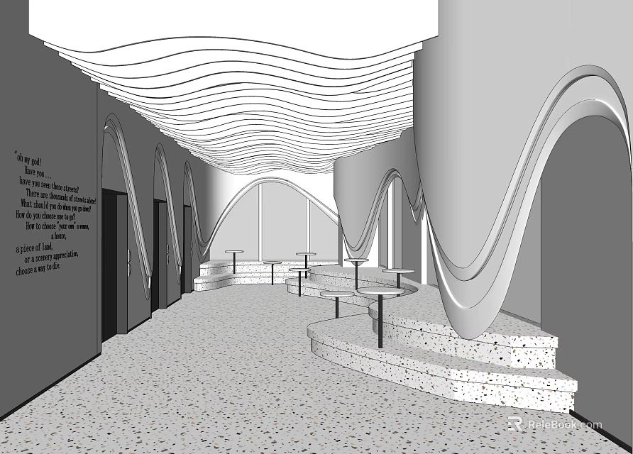 Modern Elevator Hallway Interior With Wavy Ceiling Curved Walls Steps And Handrails 3d model 