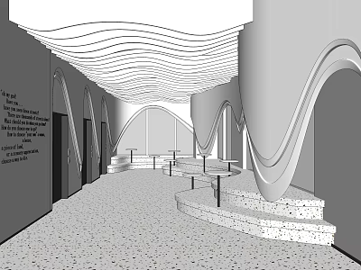 Modern Elevator Hallway Interior With Wavy Ceiling Curved Walls Steps And Handrails 3d model