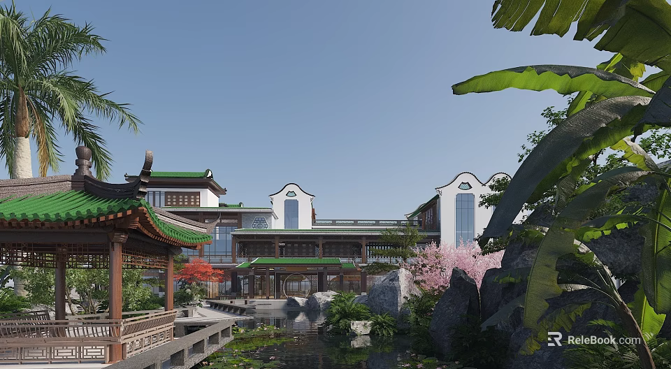 Traditional Chinese Ancient Architecture With Green Roof Pond Pavilion And Cherry Blossom Trees 3d model 
