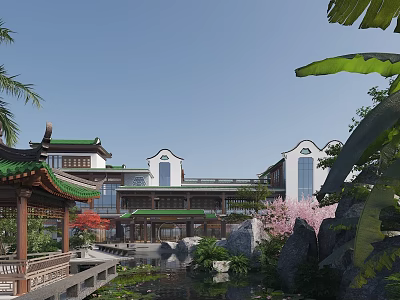 Traditional Chinese Ancient Architecture With Green Roof Pond Pavilion And Cherry Blossom Trees 3d model