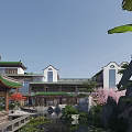 Traditional Chinese Ancient Architecture With Green Roof Pond Pavilion And Cherry Blossom Trees