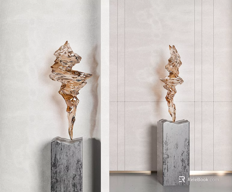 Modern Abstract Golden Metal Sculpture With Fluid Design On Gray Stone Base For Interior Decor 3d model 
