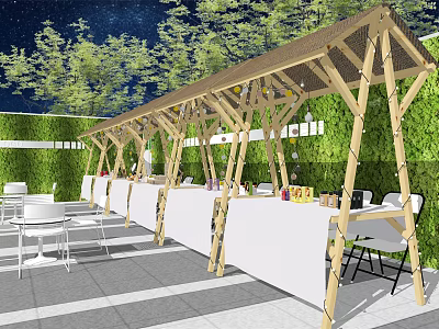 Outdoor Commercial Dining Equipment With Wooden Canopy Green Plant Wall And White Tables 3d model