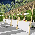 Outdoor Commercial Dining Equipment With Wooden Canopy Green Plant Wall And White Tables