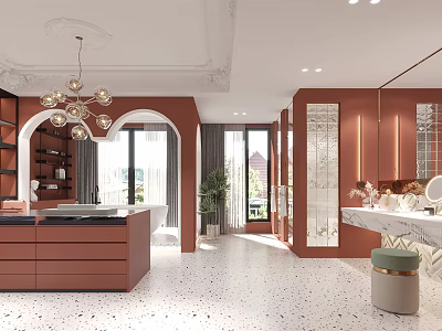 Modern Bathroom With Open Design Reddish Brown Cabinets Marble Countertop Chandelier Mirror And Plant 3d model