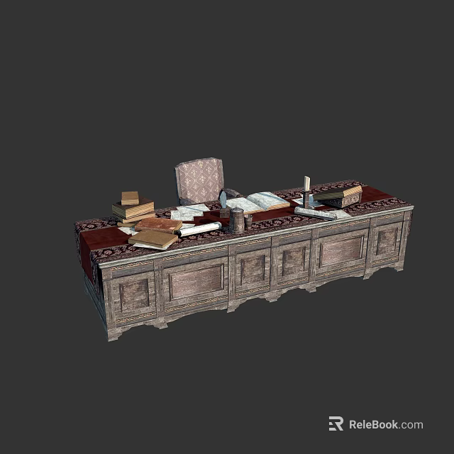 Vintage Wooden Desk With Carved Drawers And Books Stationery On Top 3d model 