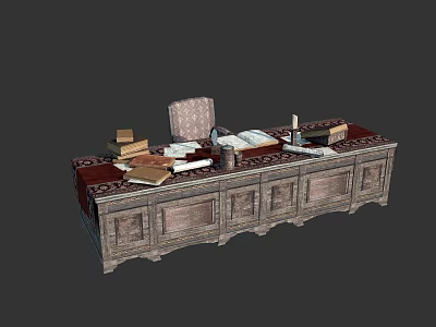 Vintage Wooden Desk With Carved Drawers And Books Stationery On Top 3d model