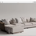 Light Gray Sectional Sofa With Multiple Cushions Wooden Armrests And Throw Blanket 3d model