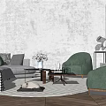 Modern Sofa Coffee Table Combination With Round Geometric Rug And Green Accent Chairs