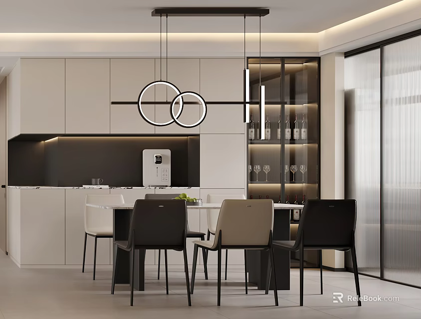 Modern Dining Room Interior With Dining Table Chairs Circular Pendant Lights Glass Doors And Cabinets 3d model 